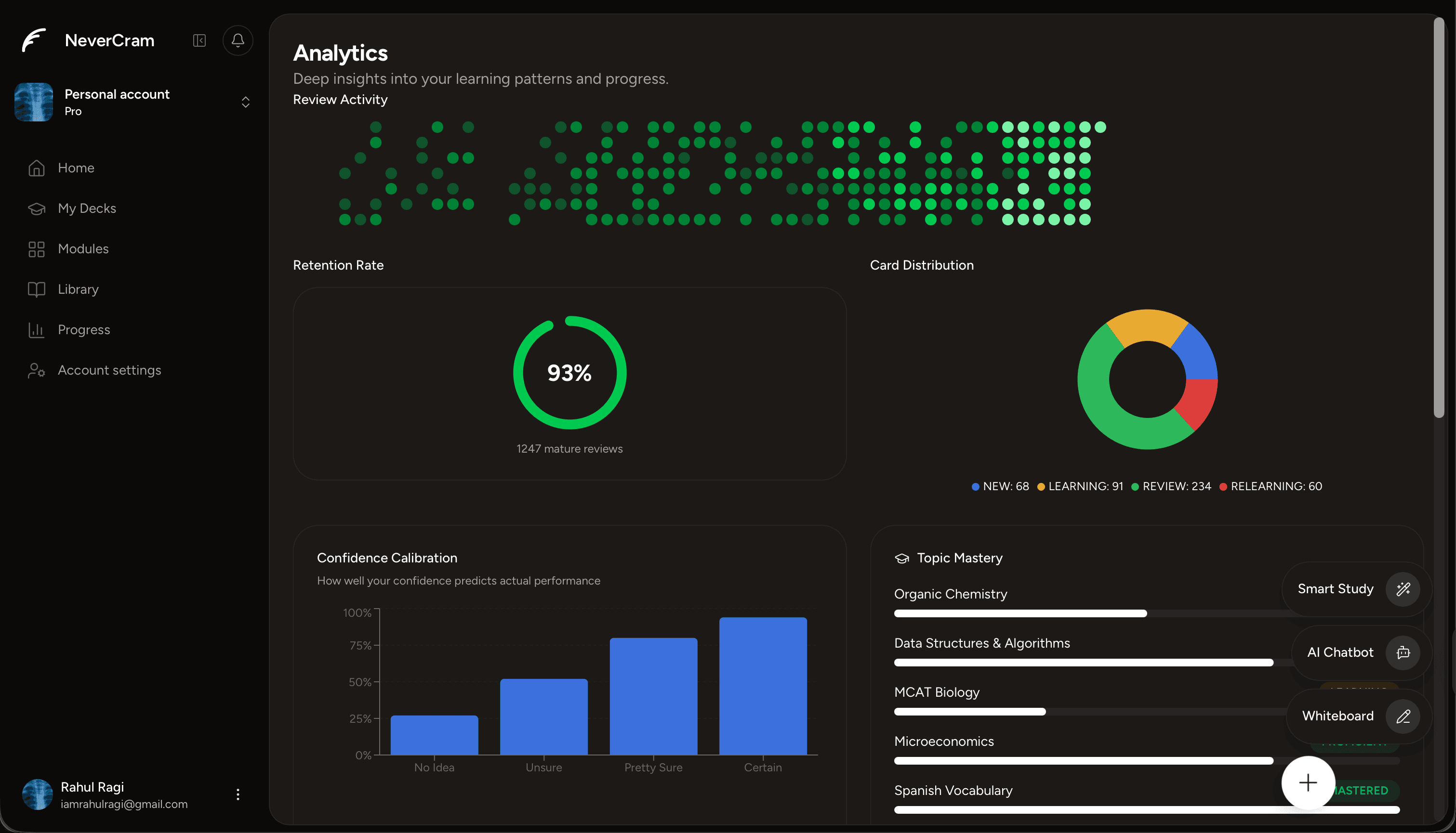 NeverCram app showing a study session with spaced repetition cards